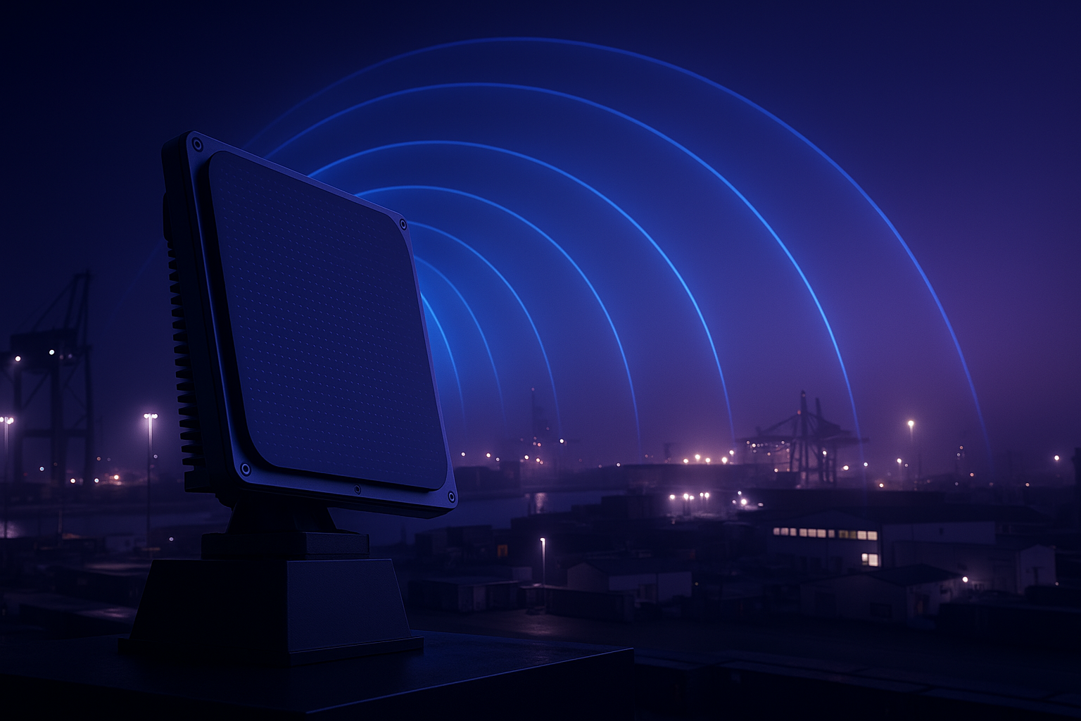 Hero visual placeholder. Phased array radar beaming arcs across an industrial yard